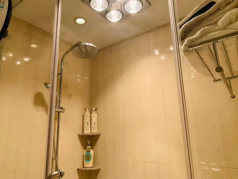 Walk-in shower with towel rail